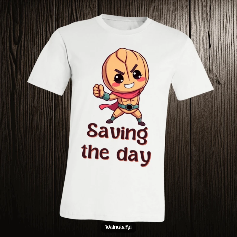 Funny t-shirt with a vibrant walnut character in a heroic pose, celebrating bravery and strength with a playful twist.