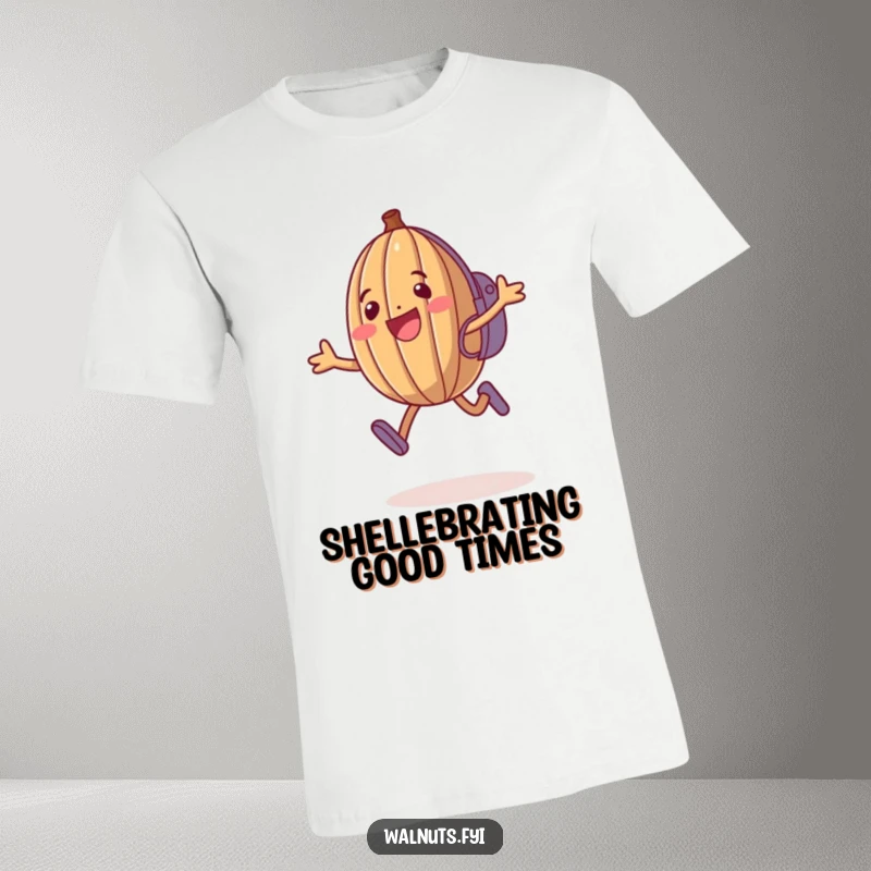 Funny Walnut T-Shirt: Happy anthropomorphic walnut wearing a backpack jumps with excitement, humorous apparel.