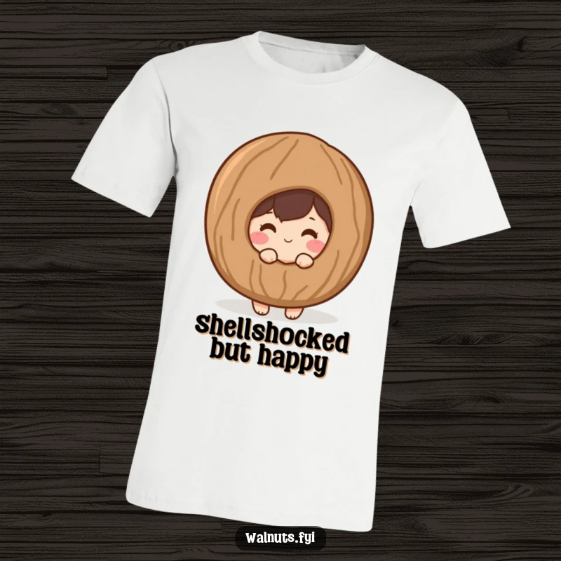 Funny t-shirt featuring a shy, blushing walnut character peeking curiously from behind a large, stylized walnut shell.