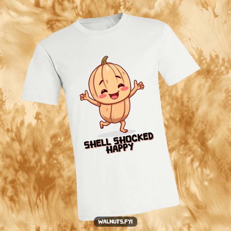 Funny t-shirt showcasing a cheerful, gnarled walnut character enthusiastically doing a happy jig, radiating pure joy.
