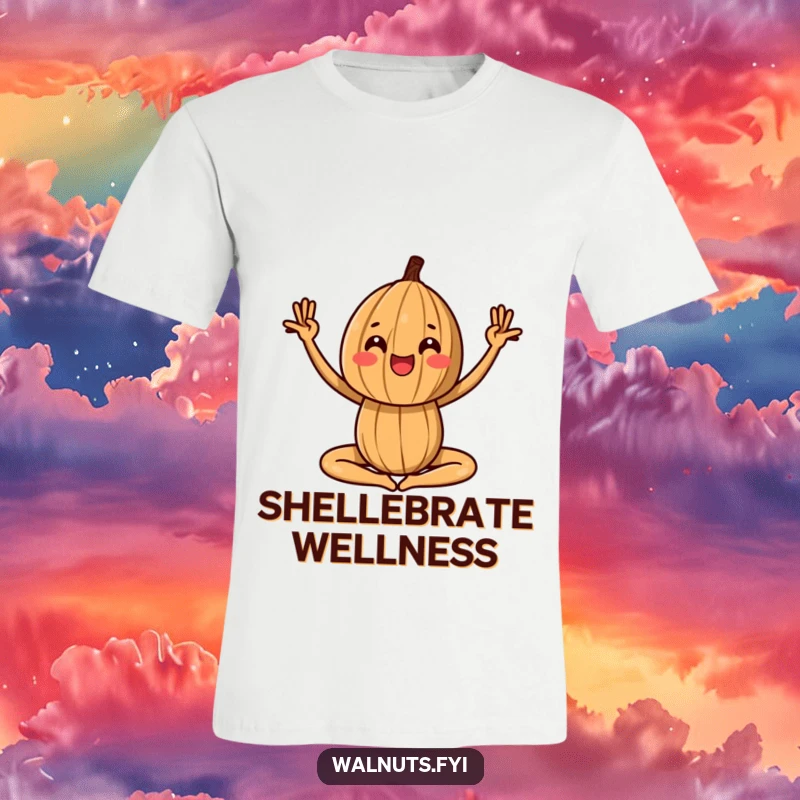 Funny t-shirt featuring a walnut in a flexible yoga pose, symbolizing balance and playful spirit.
