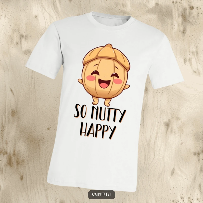 Funny t-shirt showcasing a joyous walnut character with a wide, beaming smile, embodying pure happiness and infectious cheer.