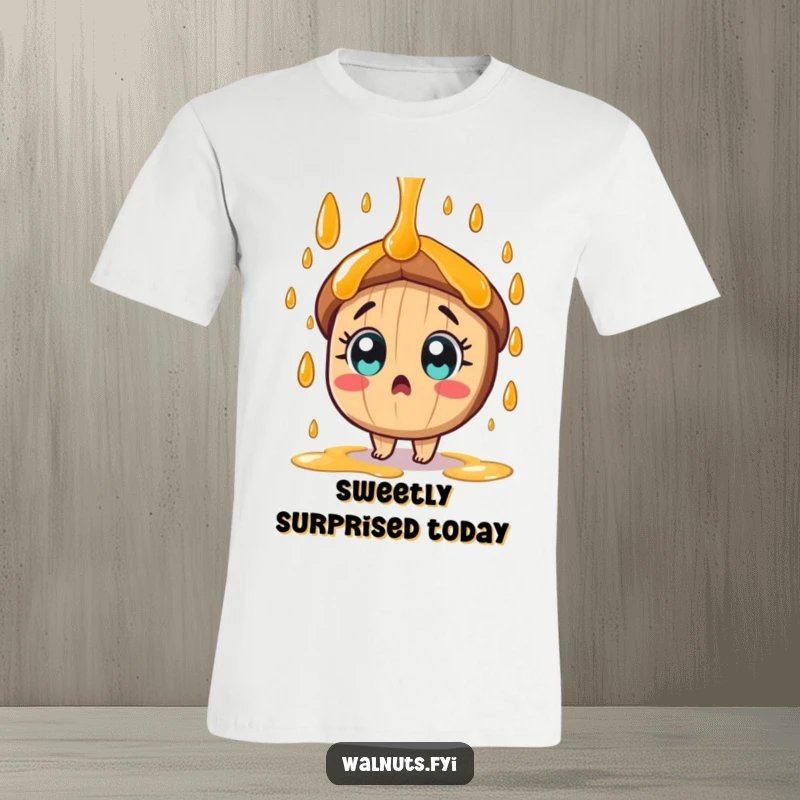 A surprised tan pecan character with wide eyes experiences a shower of sweet syrup on this funny t-shirt.