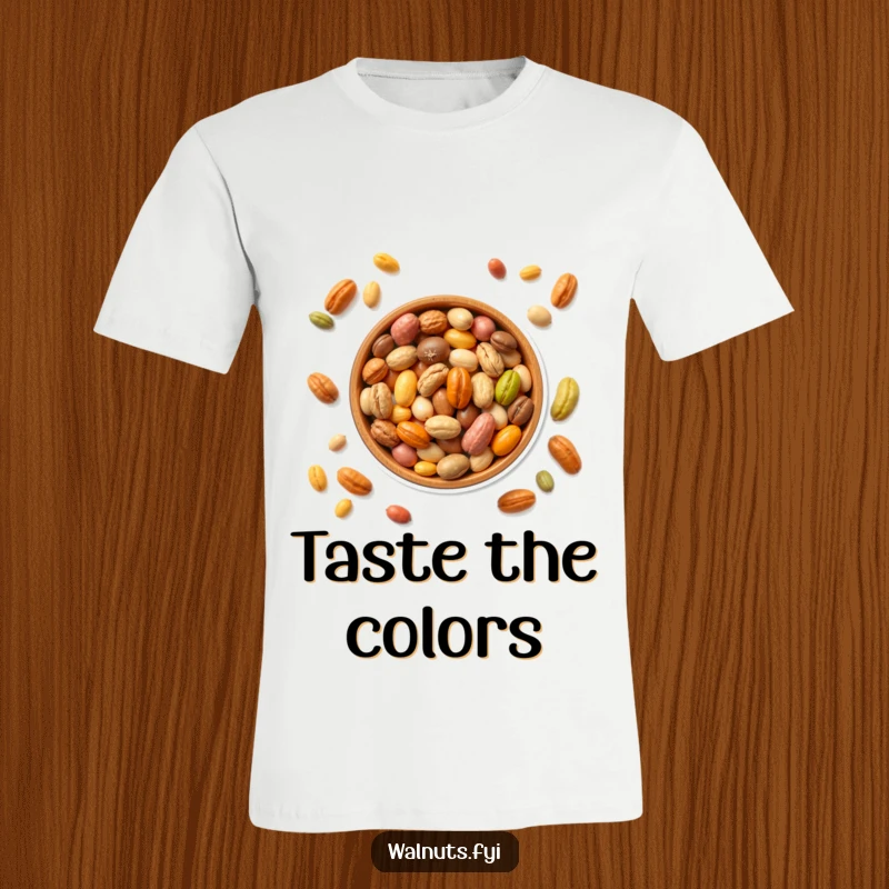 Funny T-shirt featuring a bowl brimming with colorful assorted nuts, showcasing a love for snacks and humor, an ideal funny gift.