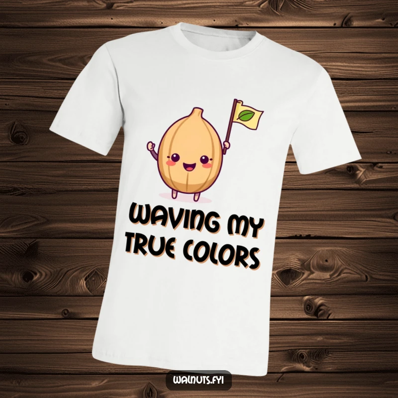 Funny Kawaii Walnut T-Shirt: A charming walnut enthusiastically waves a small leaf flag, exuding joy.
