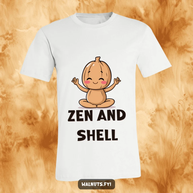 Funny T-Shirt showing a walnut character gracefully performing a yoga pose, radiating tranquility.