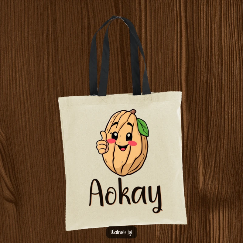 Funny tote bag showcasing a happy walnut character giving a thumbs up, perfect for carrying essentials with a positive vibe, a funny gift.