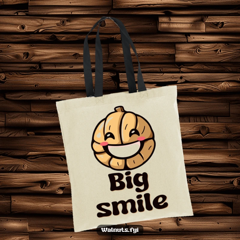 Funny tote bag displaying a stylized walnut cracking open into a smile, perfect for carrying essentials with joy, a funny gift.