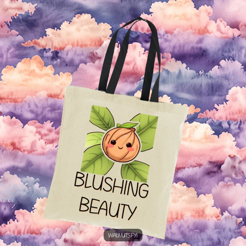 Funny tote bag with a blushing walnut peeking coyly from behind a leafy screen.