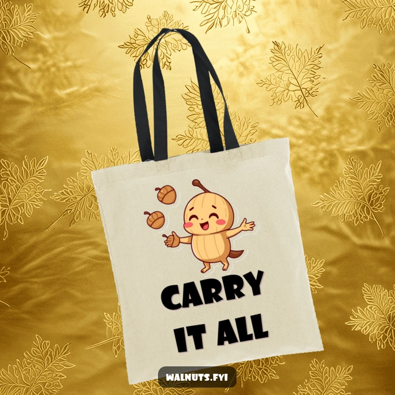 Durable funny juggling walnut tote bag with a walnut juggling acorns, great for shopping and everyday use.