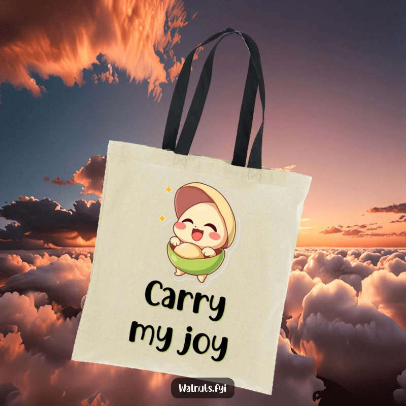 Funny tote bag featuring a giggling pistachio exploding from its shell with ecstatic joy, perfect for carrying goodies.