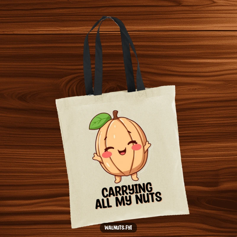 Funny Wink Walnut Tote Bag with a happy, smiling walnut character giving a playful wink, perfect for shopping.