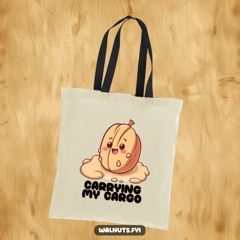 Funny tote bag featuring a surprised pecan smiling while rolling down a bumpy track, a fun accessory.