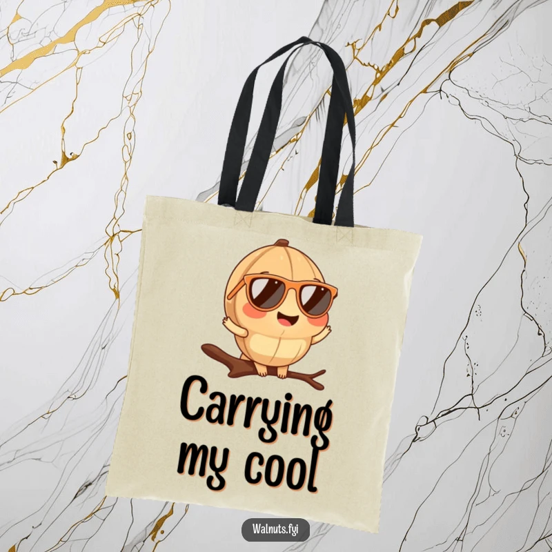 Durable funny walnut sunglasses tote bag with a cool walnut posing on a branch, perfect for shopping.