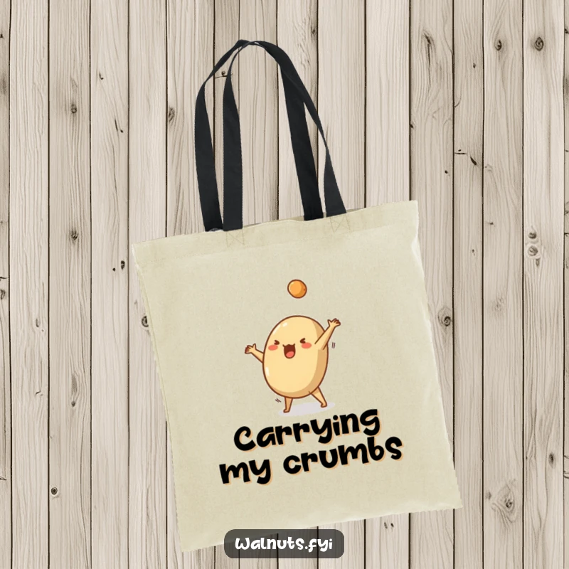 Funny tote bag featuring a silly Brazil nut doing a cartwheel, a crumb flying off, perfect for carrying goodies.