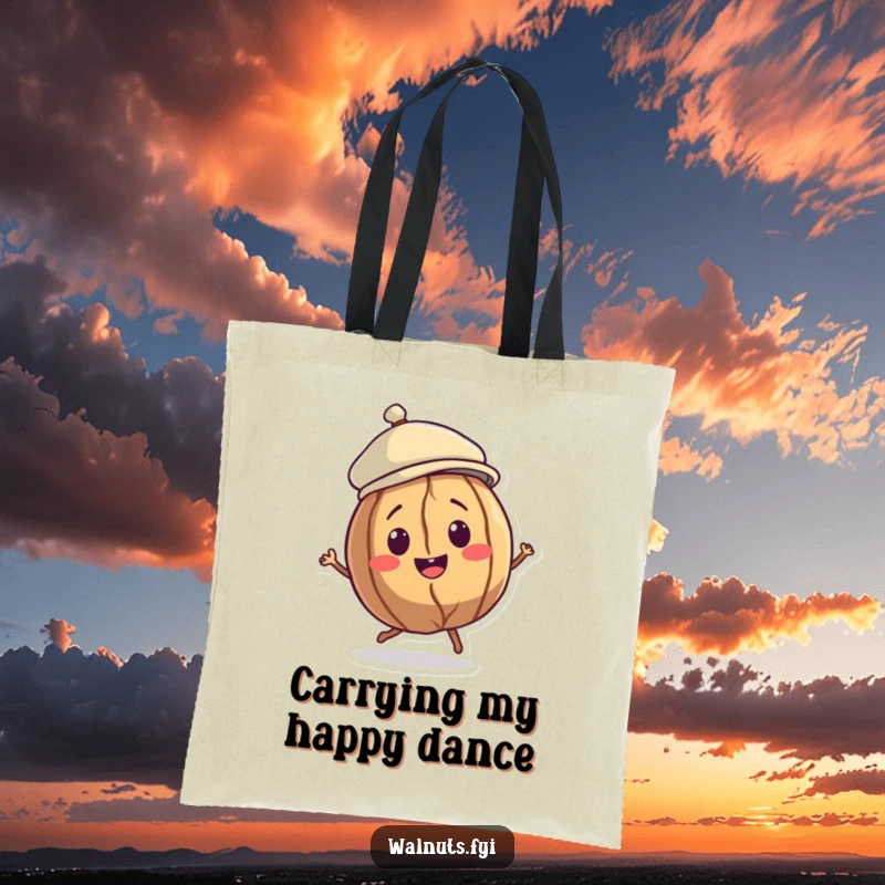 Funny Walnut Dancer Tote Bag showing a smiling walnut character in a jaunty cap doing a little spin, perfect for carrying dance gear.
