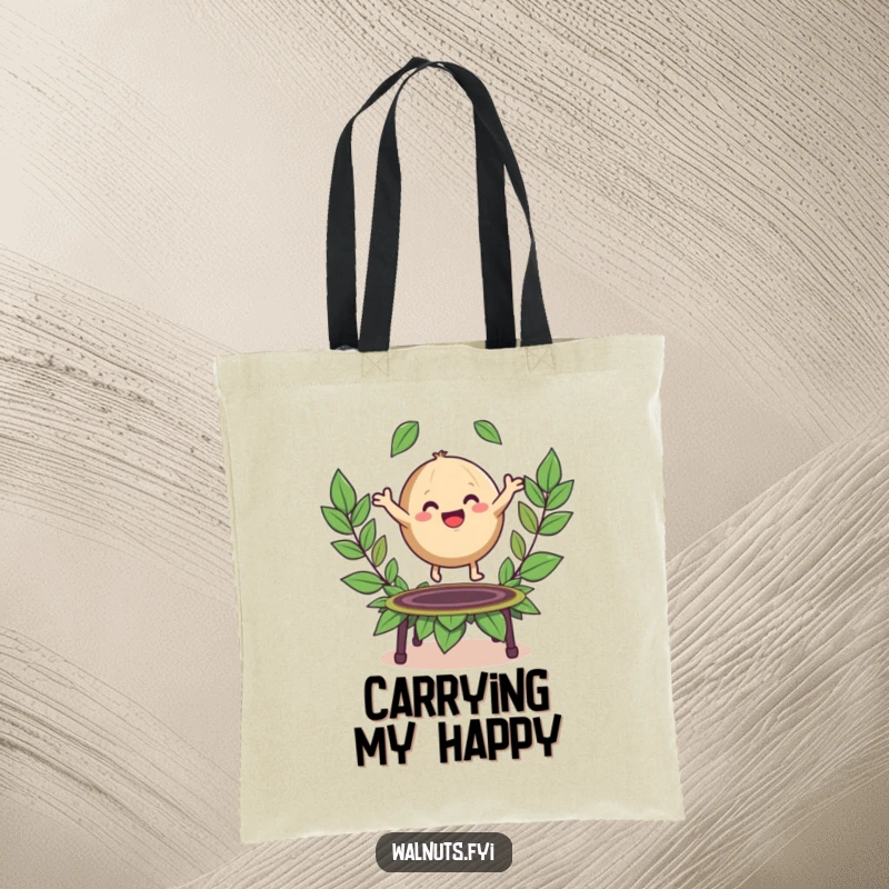 Funny tote bag depicting a happy, round walnut character bouncing with glee on a trampoline made of leaves.