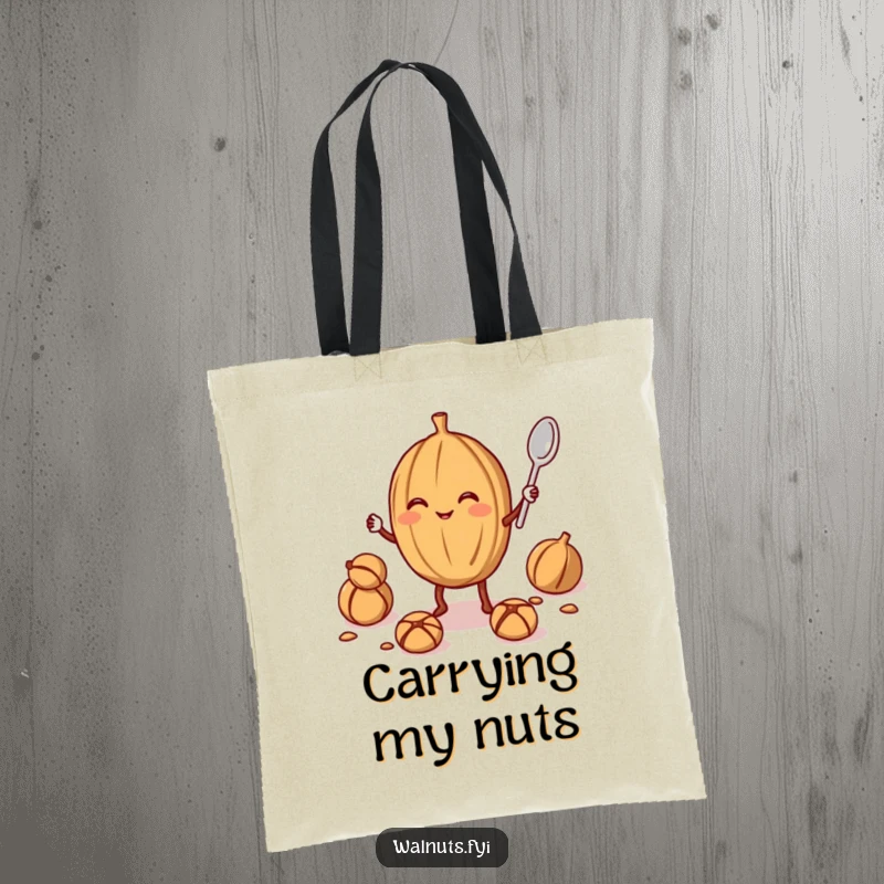 Funny walnut juggler tote bag with a smiling walnut juggling a smaller walnut and a spoon, perfect for carrying items with a humorous touch.