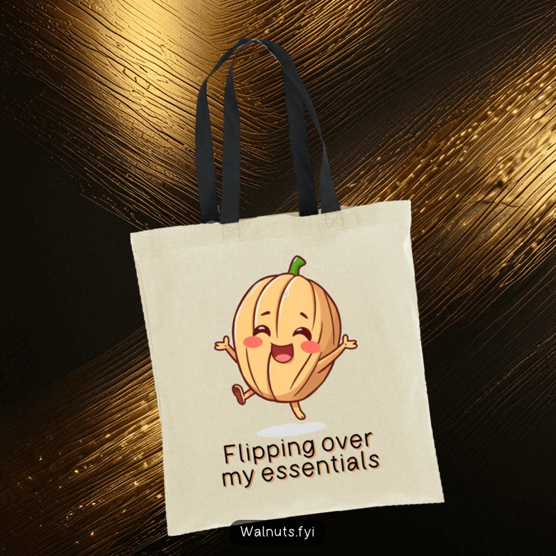 Funny tote bag featuring a cheerful walnut character doing a happy flip, perfect for stylish, humorous carrying.
