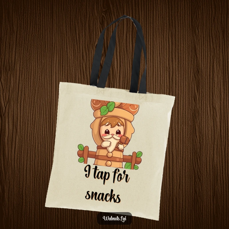 Funny tote bag with a curious walnut character investigating a large nutcracker using a tiny mallet.