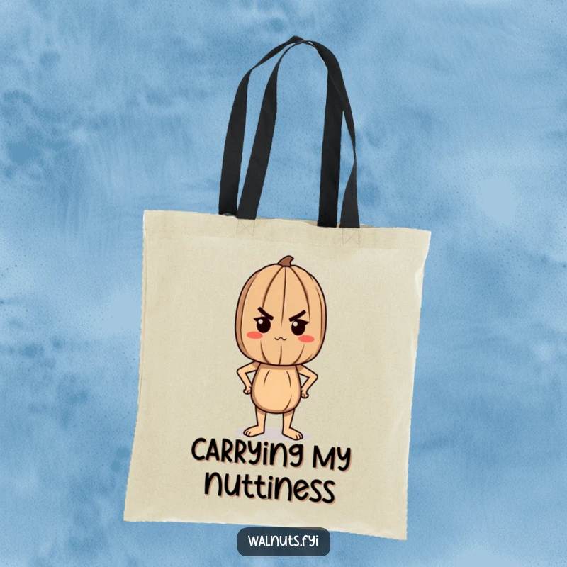 Funny tote bag with a determined walnut character standing tall and proud, ready for adventure and carrying essentials with purpose.
