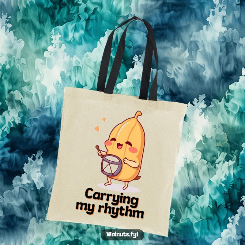 Funny tote bag featuring a giggling pecan masterfully playing a drum, ready to carry your items with musical flair and humor.