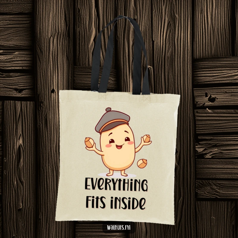 Funny beige cashew character with a jaunty cap, smiling and juggling nuts, perfect for carrying your items with flair.