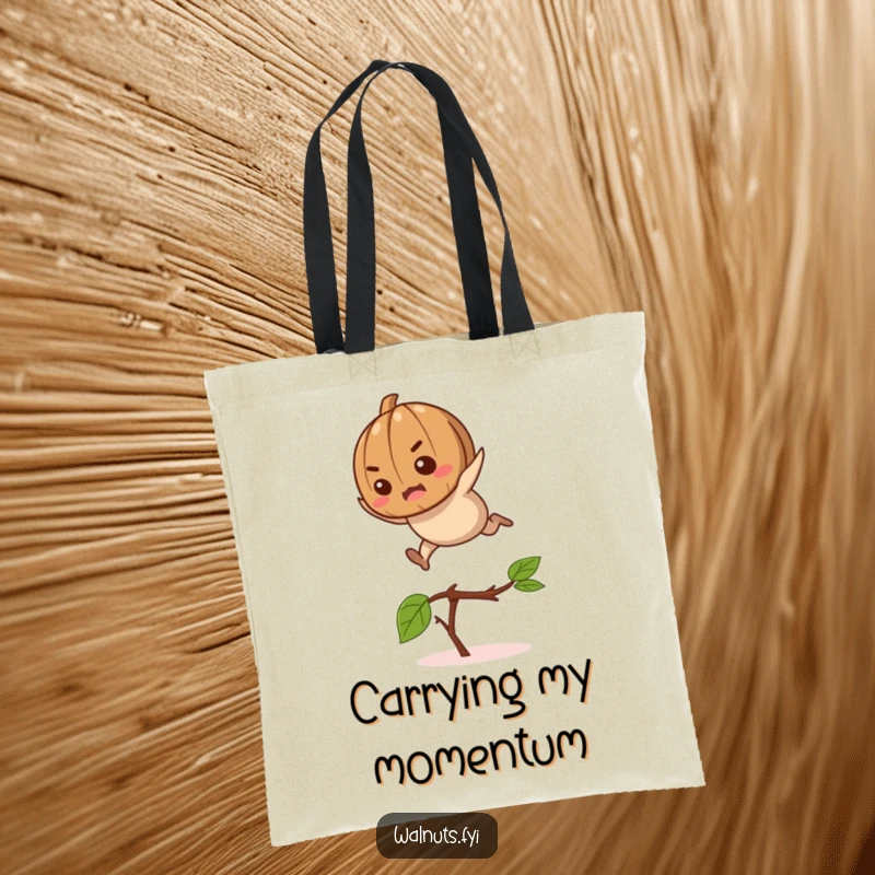 Funny determined walnut mid-leap over a twig on a durable and humorous tote bag.