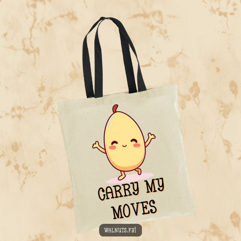 Funny Kawaii almond tote bag featuring a delighted, dancing almond that brings an energetic and joyful vibe everywhere.