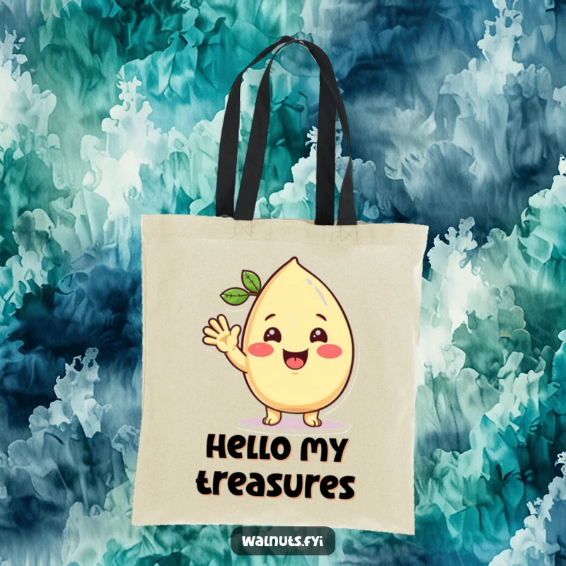 Funny Kawaii cashew tote bag featuring a beaming character's cheerful and friendly wave, perfect for carrying essentials with a smile.