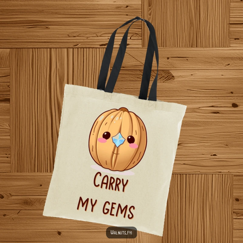 Funny Kawaii walnut tote bag, proudly showing off a tiny sparkling gem, perfect for carrying everyday treasures.