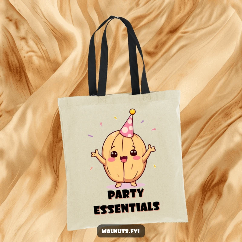 Funny Kawaii walnut tote bag, looking delighted while cheering with a party streamer, perfect for carrying party supplies.