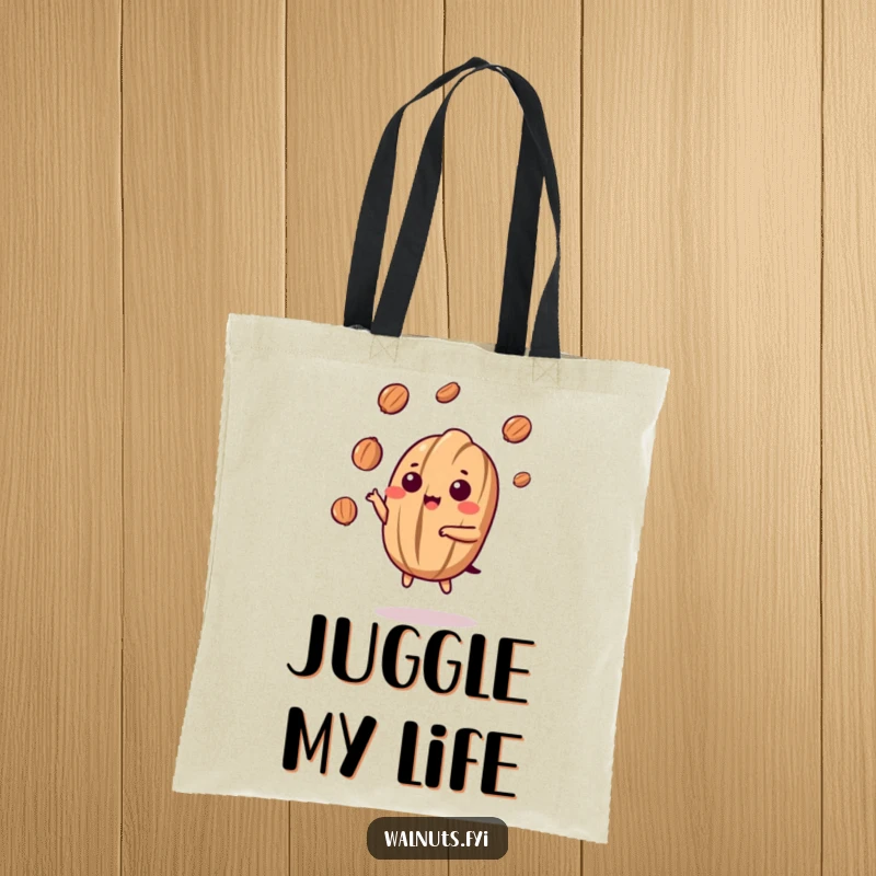 Funny Kawaii Walnut Juggling Tote Bag: A cartoon walnut impressively juggles several nut pieces, its nimble movements and focused expression adding humor.