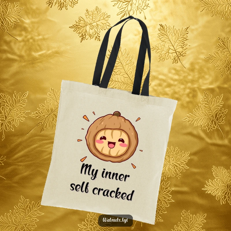 Funny Kawaii Walnut Surprise Tote Bag: A cartoon walnut is caught mid-crack, eyes wide with shock, small shell fragments scattering humorously.
