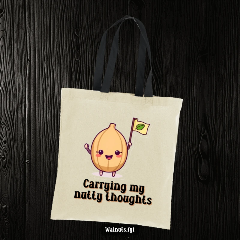 Funny Kawaii Walnut Tote Bag: A cute walnut is shown excitedly waving a small leaf flag, ready to carry your belongings.