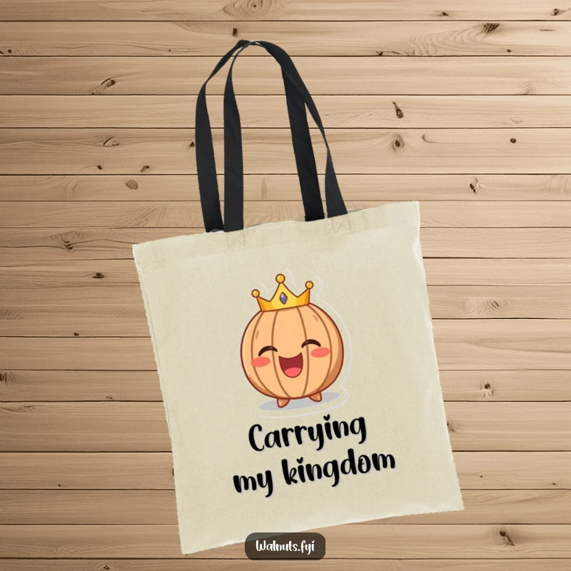 Funny tote bag with a laughing walnut character wearing a tiny crown, ideal for carrying items with a royal, cheerful flair.