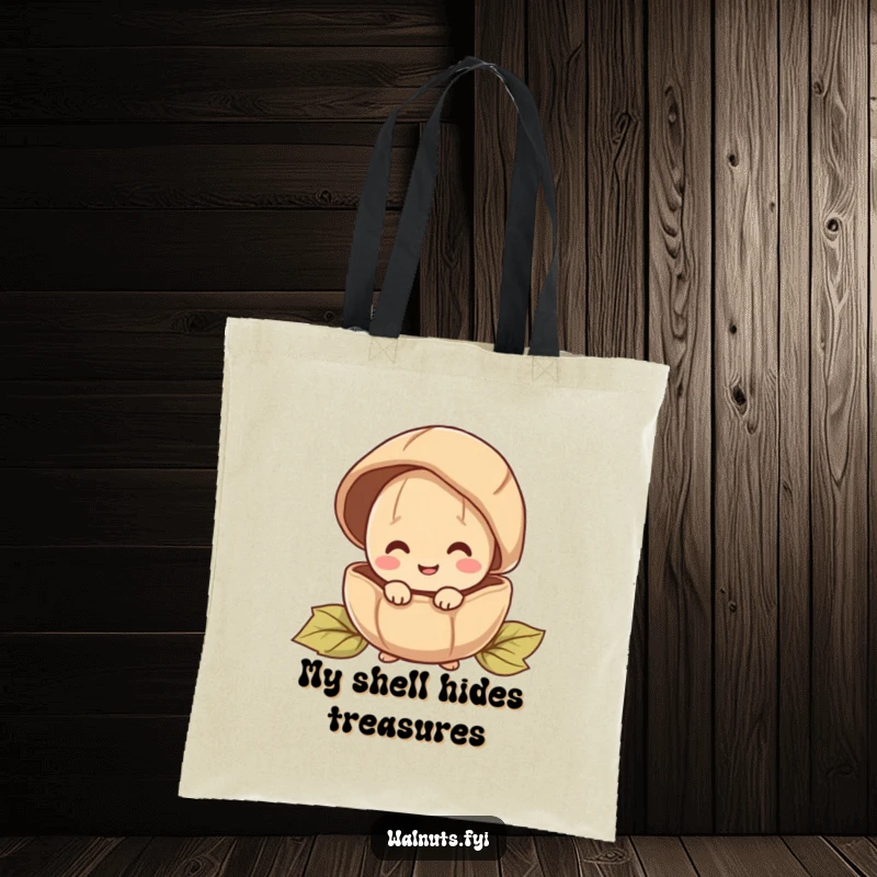 Funny tote bag featuring a happy walnut character peeking out from behind a large shell, great for shopping.