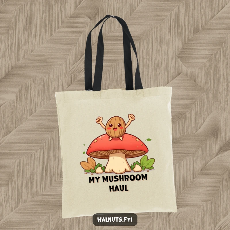 Funny smiling walnut character triumphantly perched on a large mushroom on a durable and humorous tote bag.