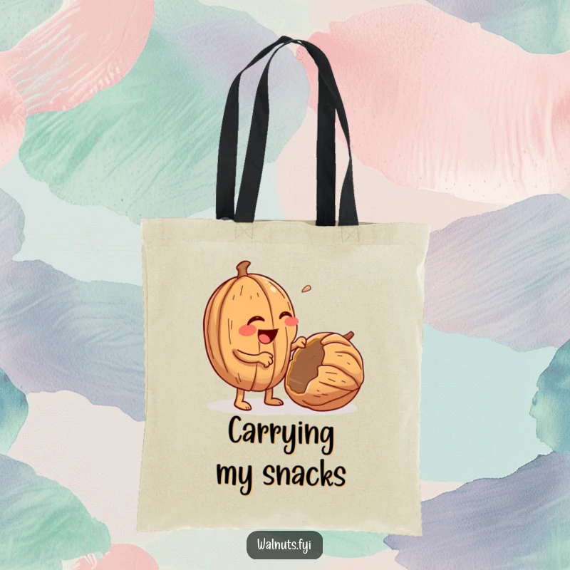 Funny tote bag with a giggling, anthropomorphic walnut character enthusiastically cracking open a walnut.
