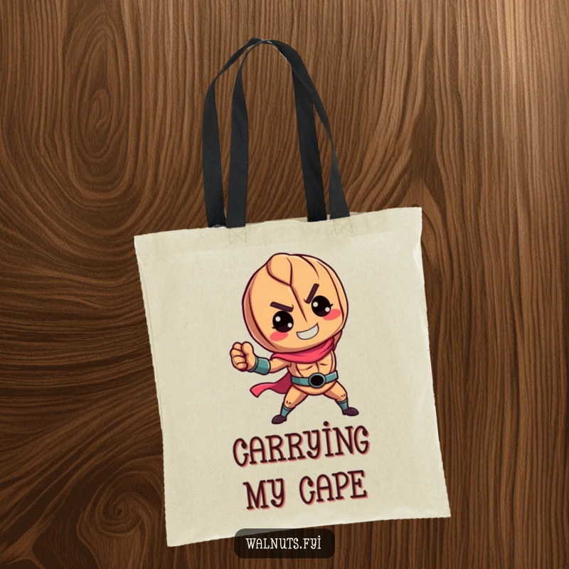 Funny tote bag with a vibrant walnut character in a heroic pose, ideal for carrying items with superhero style.