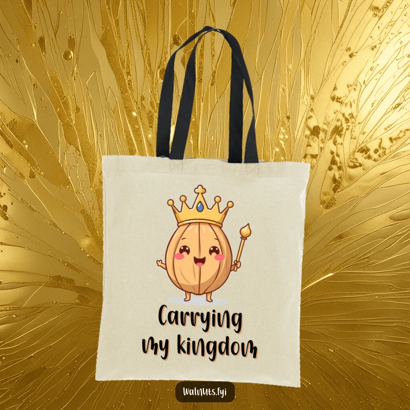 Funny Walnut King Tote Bag showcasing a happy walnut adorned with a crown and scepter, looking like a tiny monarch.