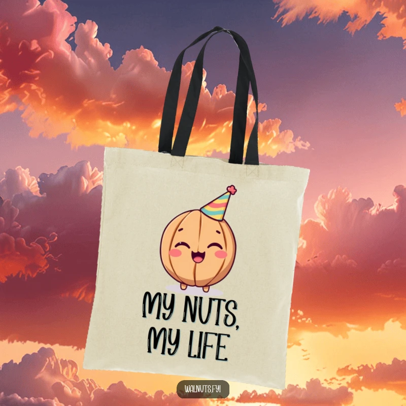 Funny Walnut Tote Bag: Cheerful winking walnut in a party hat, practical and fun, perfect funny gift.