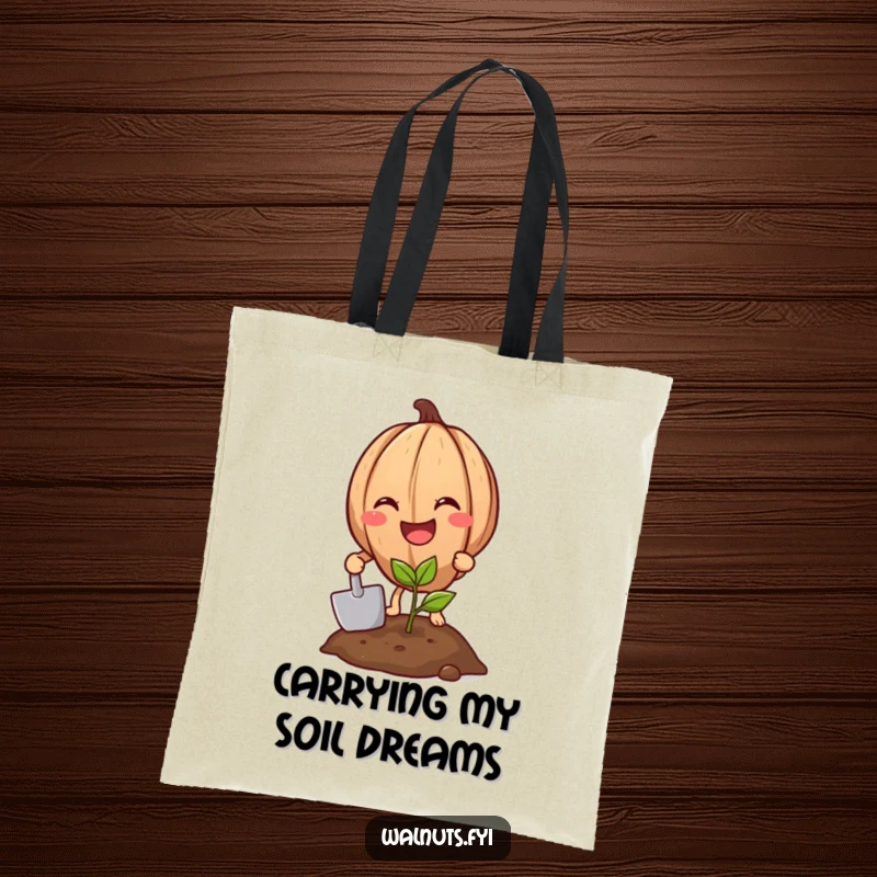 Funny Walnut Planter Tote Bag, a cheerful walnut with a shovel planting, perfect for carrying groceries and smiles.