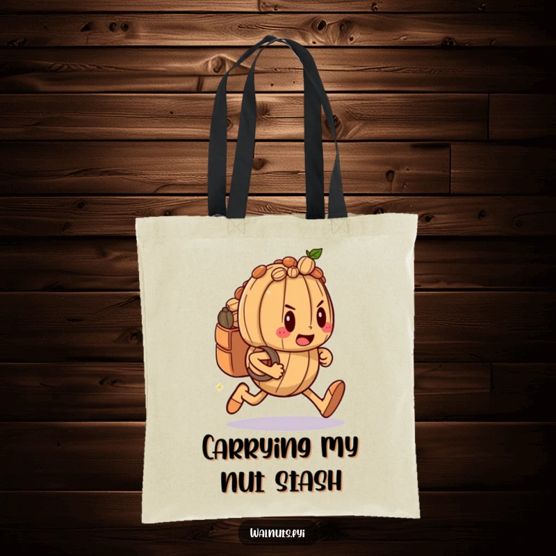 Funny tote bag featuring a determined walnut character running with a backpack full of nuts, ideal for carrying essentials.