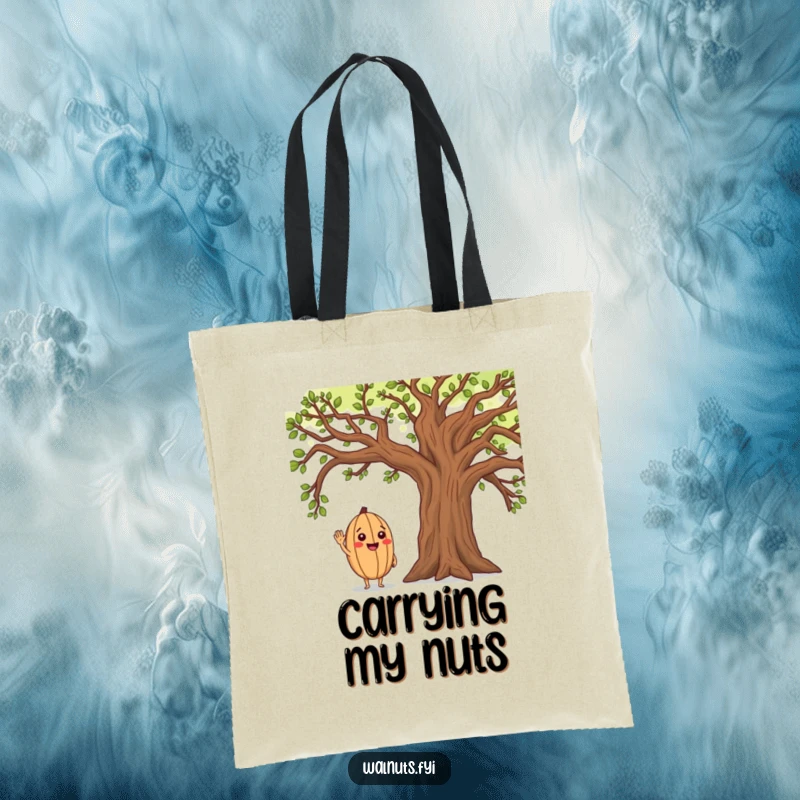 Funny tote bag with a cheerful walnut character saluting a majestic oak tree, great for carrying essentials with a smile.