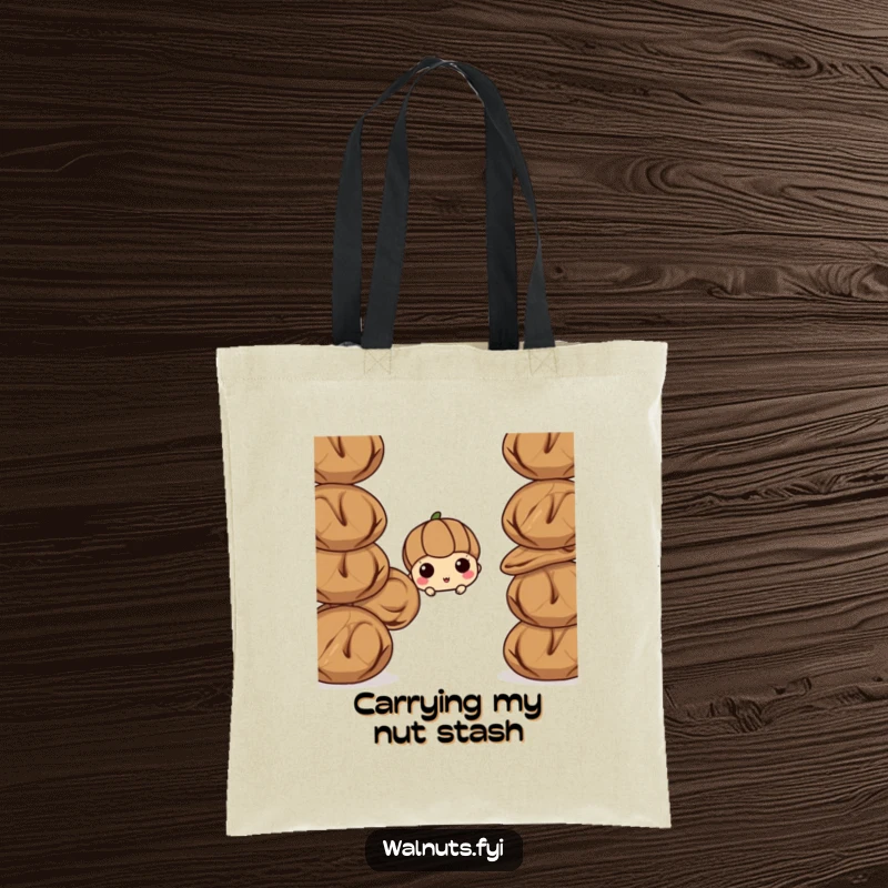 Funny walnut tote bag, a curious walnut peeking from behind a stack of walnuts. A practical and humorous accessory.