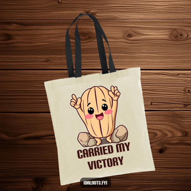 Funny Walnut Tote Bag: Cheerful anthropomorphic walnut celebrates climbing, durable and humorous.