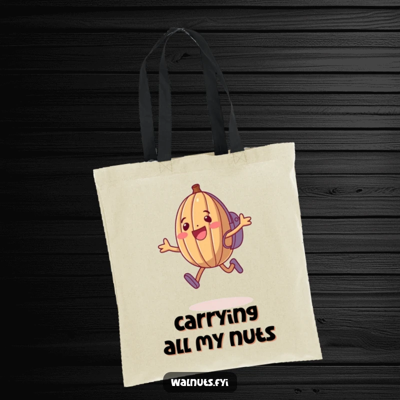 Funny Walnut Tote Bag: Happy anthropomorphic walnut jumps with a backpack, durable and humorous.