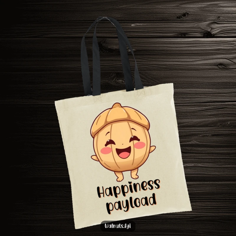Funny tote bag with a joyous walnut character sporting a big, happy smile, ready for adventures and carrying essentials cheerfully.