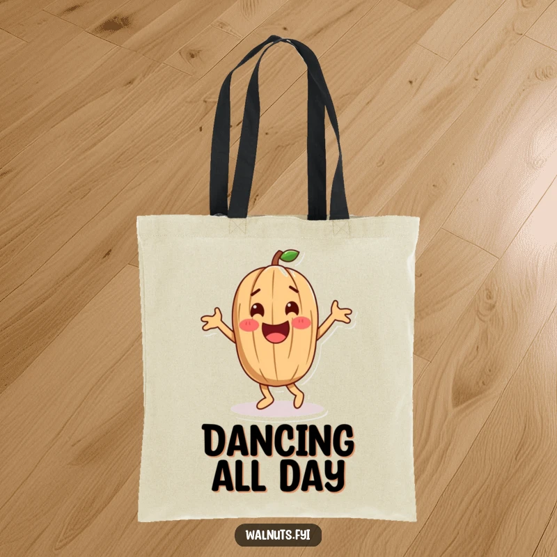 Funny playful walnut character doing a happy dance with vibrant energy, a humorous and stylish tote bag.